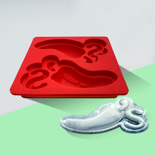 Bright red, custom molded Pepper silicone ice trays. Each tray has 2 Peppers that are around 3" wide.  The image shows a finished ice cube in the Chili's logo.