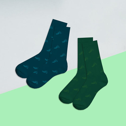 Two pairs of socks, one blue, one green, each with the Chili's logo patterned across them.