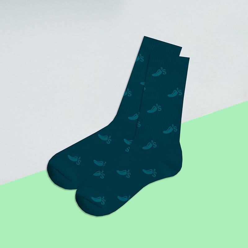 A pair of blue socks with the Chili's logo patterned across them.